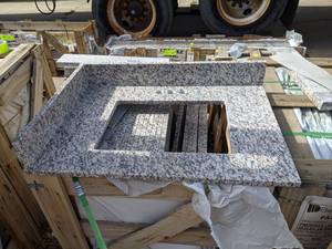 (Lot of 2) Bella CORE Prescott Granite Bathroom Sink Slab 31 x 22 x 34- 4 Center Faucet - Offset Cutout w Backsplash (31 x 4 x 34) and Sidesplash (21-14 x 4x 34) - Sink Opening is 17 x 12-14 - Sink in Lot 55 Fits this Top