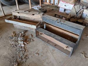 Pair of Vintage Wood Toolboxes w Tools - Each measures about 32 x 18 x 9