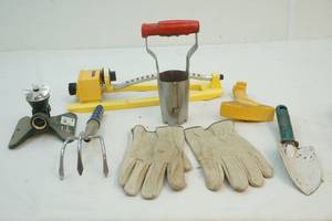 shovels, rakes, sprinklers