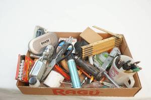 Scissors, yard stick, chalk, tape and more