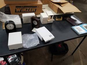 lot 1027 image: Lot of (11) Desk Accessories  - Desk Clocks (x4), Business Card Holders (x4), Picture Frames (x3)