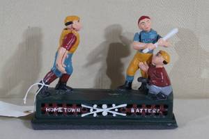 lot 153 image: Vintage Cast Iron Mechanical Hometown Battery Coin Bank