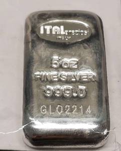5 TROY OZ .999 FINE SILVER BAR POURED ITALPREZ WCERTIFICATION