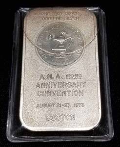 1 TROY OZ .999 FINE SILVER ART BAR 1973 BOSTON ANA