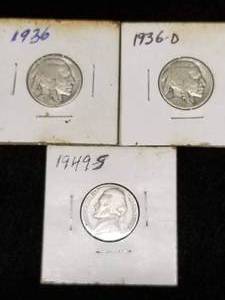 3 US NICKELS 2 BUFFALO 1936 36-D 1 JEFFERSON 1949-S