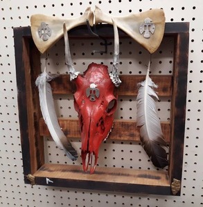 lot 1024 image: Painted Skull in Frame - Measures about 16 x 16 x 3 Deep