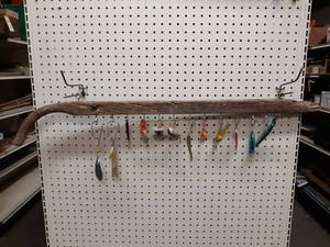 lot 1050 image: Lot of Vintage and Modern Fishing Lures w Old Wood Handle Display