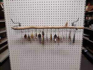 lot 1051 image: Lot of Vintage and Modern Fishing Lures w Wood Branch Display