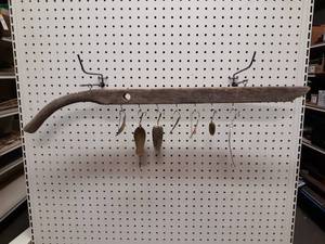 lot 1052 image: Lot of Vintage and Modern Fishing Lures w Old Wood Handle Display
