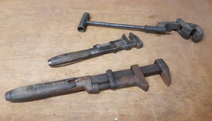 lot 1080 image: Pair of Large Antique Monkey Wrenches  Pipe Wrenches and Lakeside Pipe Cutter - Wrenches are about 21 and 15