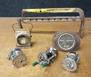 lot 1084 image: Lot of (3) Vintage Fishing Reels, Small Lantern, Speedometer and Brick Carrier