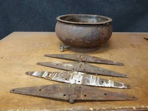 lot 1107 image: Antique Cream Separator Can and (4) Large Barn Hinges (About 20 Each)