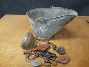 lot 1108 image: Galvanized Coal Bucket and Pulleys