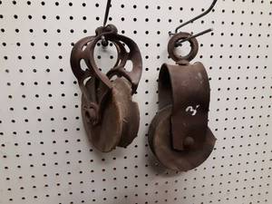 lot 1131 image: Pair of Antique Wood and Steel Pulleys - Both about 5-12 Diameter