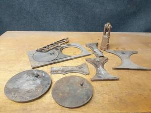 lot 1134 image: Lot of Cast Iron Stove Pieces and Weight w Pulley
