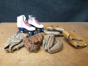 lot 1176 image: Lot of Baseball Gloves and Catchers Mitts and Size 2 Unicorn Roller Skates