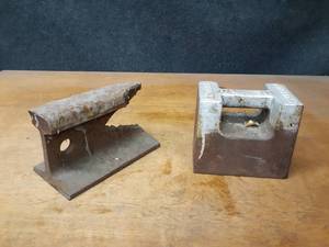 lot 1302 image: Vintage Fairbanks Scale Weight (50#) and Railroad Section made into Anvil