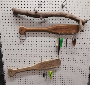 lot 1305 image: Pair of Decorative Oars for Hanging Fishing Tackle, Tackle and More