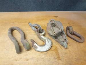 lot 1346 image: Lot of Large Hooks, Snatch Block and More - Hook is about 10 x 7