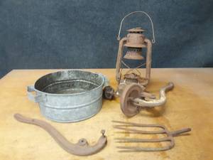 lot 1349 image: Small Galvanized Steel Washtub, Well Pump Handles and More - Washtub is about 12 x 6