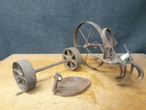lot 1353 image: Antique Garden Cultivator, Cast Iron Wheels on Axle and More