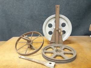 lot 1356 image: Lot of (3) Antique Wheels and Pulleys - Aluminum one is about 16 Diameter