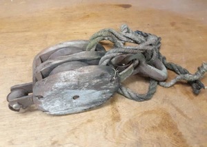 lot 1360 image: Large Antique Wood and Steel Pulley - Overall about 15 x 5 x 5