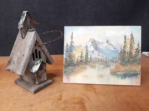 lot 1378 image: Painting and Birdhouse - Painting is about 18 x 14