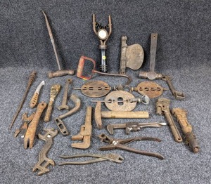 lot 1216 image: Lot of Antique Tools - Wrenches, Pliers, Dampers, Battery Cell Tester, and More See pictures for more details.