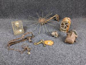 lot 1217 image: Lot of Miscellaneous Antique Tools and Doo-Dads - Magneto, Ford Coil, Mailbox Door, Varmint Trap, DM & IR Key