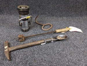 lot 1219 image: Miners Sampling Spoon & Pick, Akron TurboJet Fire Hose Nozzle, Branding Iron, and Hook