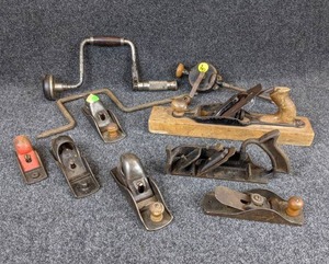 lot 1220 image: Lot of VintageAntique Woodworking Tools - Planes, Drills, and More