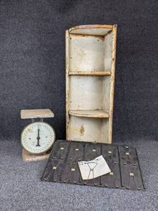 lot 1233 image: Vintage Lot - White Shelf (30 x 10 x 7), Scale, and Memo Board