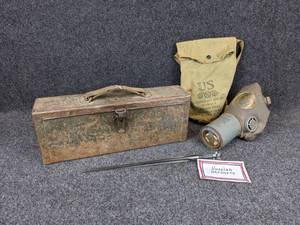 lot 1235 image: Military Relics - Ammo box from the Island of Crete (see tag), Russian Bayonet, Non-Combat US Military Gas Mask