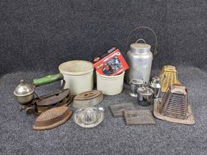 lot 1243 image: Lot of Vintage Kitchen Items - Crocks, VIKO Aluminum Hanging Jar, Chisholm High School Grand Reunion Cast Plaques, Toasters, Irons, and More