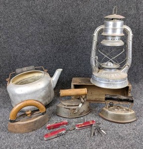 lot 1245 image: Dietz No. 2 D-Lite Lantern, Copper Kettle, Irons, and More