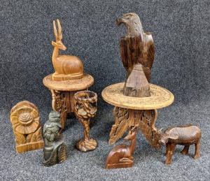 lot 1248 image: Carved Wood Eagle (9-12 tall) with Misc. Carved Wood Decor