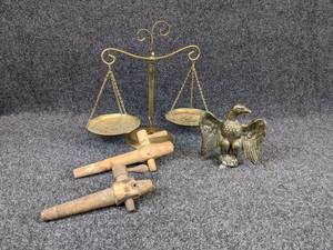 lot 1252 image: Brass Eagle Finial, Brass-toned Scales, and 2 Wine Barrel Taps