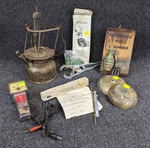 lot 1261 image: Lot of Misc. Goodies - Vintage Coleman Lantern, Fire House Bell Housings, Livestock Castrator, and More