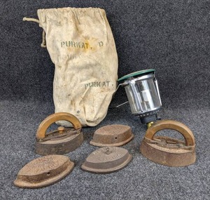 lot 1270 image: Lot of 5 Antique Irons with Coleman Lantern Top and Canvas Bag