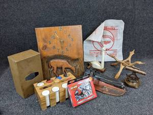 lot 1272 image: Misc. Lot of Decor and Entertainment Pieces - Poker Chips, Hand Carved Clock, Brass Transit & Alidade, and More