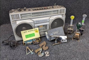 lot 1274 image: Misc. Lot of Vintage Items - Grandpas Sight Level, Sanyo RadioCassette Player, Self-Inking Numbering Stamps, and More