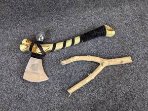 lot 1276 image: Tomahawk with Velvet Ties and Plastic Bone Handle - 13-12 long
