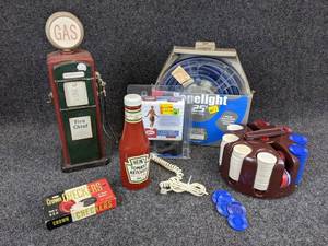 lot 1277 image: Lot of Poker Chips, Checkers, Heinz Ketchup Telephone, Gas Pump Coin Bank (14-14 Tall), and More