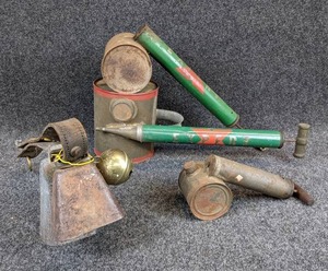 lot 1278 image: Cow Bells on Leather Strap with 2 EXPERT Insect Foggers and 1 Small Unbranded Fogger
