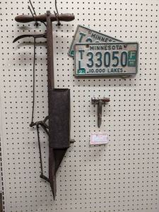 lot 1281 image: Vintage Seeder (33-12 tall), MN License Plates, and Cattle Trocar (see tag)