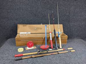 lot 1283 image: Lot of Ice Fishing Rods and Accessories - Box measures about 30 x 6 x 7