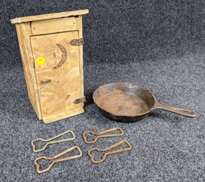 lot 1299 image: #3 Cast Iron Pan, a Dons Johns Outhouse Gag, Church Key Beer Bottle Openers - Grain Belt, Hamms, Fitgers, Kiewels