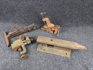 lot 1355 image: Lot of (3) Small Vises and Railroad Track Section