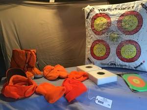 lot 669 image: Archery Targets and Blaze Orange Hunting Hats, Gloves and Boot Liners
